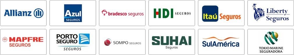 Allianz, Azul, Bradesco, HDI, Itau, LIberty, Mapfre, Porto Seguro, Sompo, Suhai, Sul America, Tokio Marine